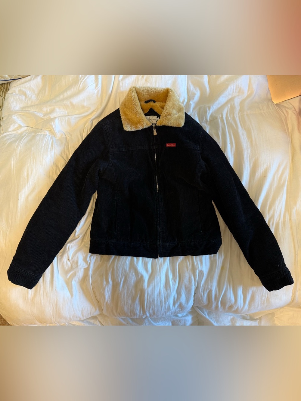 vintage calvin klein jeans blacbcorduroy jacket tan fur lining new york